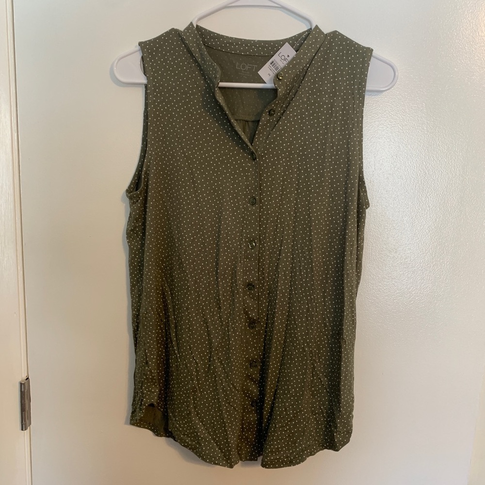 LOFT Outlet Army Green White Polka Dot Button Up Tank Shirt M
